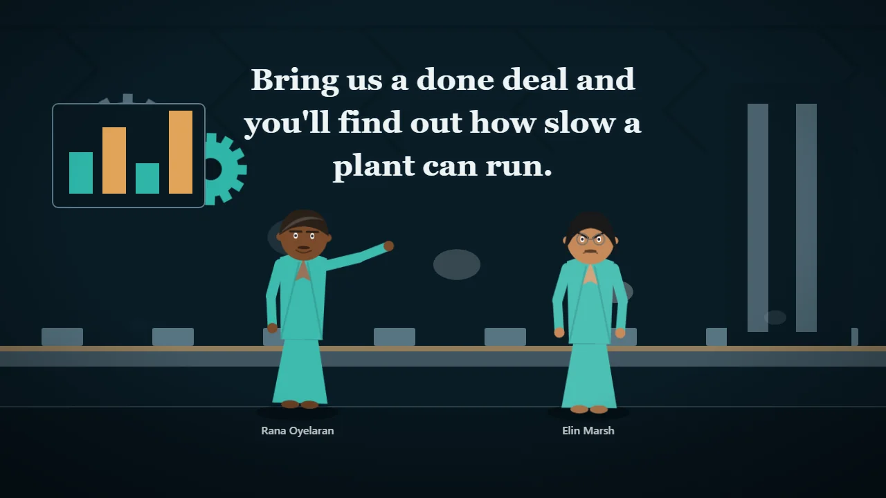 An animated CaseStory frame: the works council chair confronts the chief operating officer on the factory floor — 'Bring us a done deal and you'll find out how slow a plant can run.'