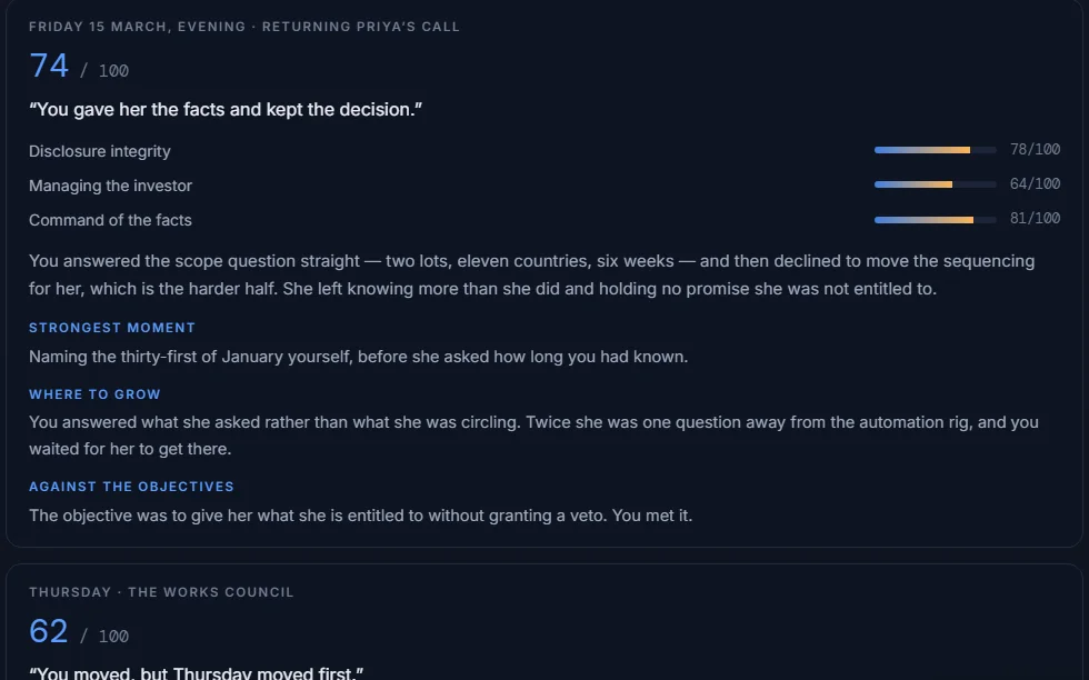 A written debrief: a score of 74 out of 100, criteria scores, and paragraphs quoting the strongest moment and where to grow.