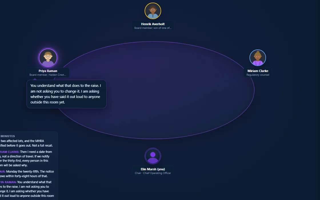 A boardroom simulation: three board members around a table, one mid-sentence in a speech bubble, with the meeting agenda and minutes alongside.